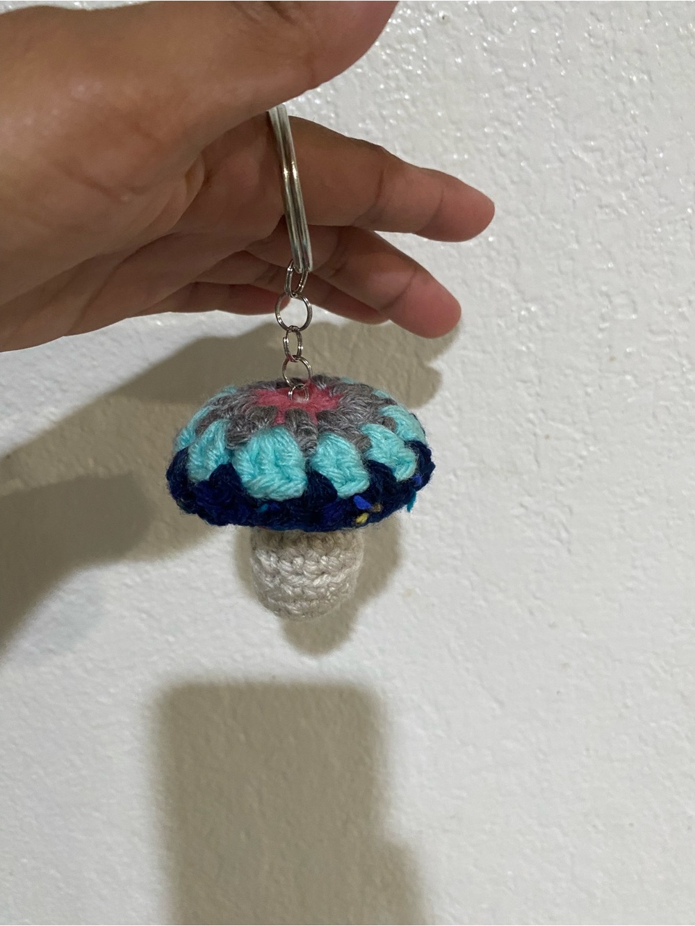 Handmade Crocheted Blue Mushroom Keychain